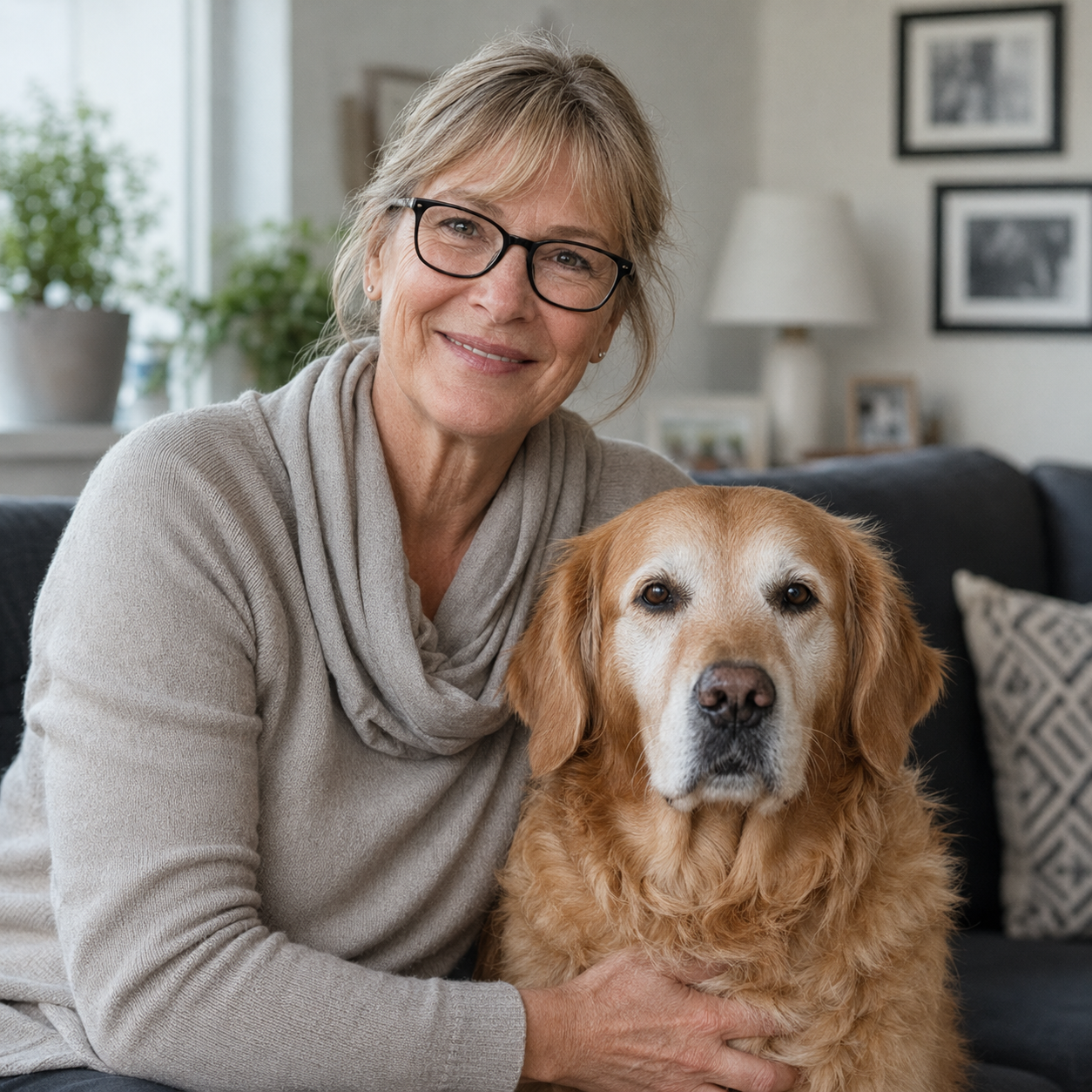 Ältere Hundehalterin mit Golden Retriever als Platzhalter für das Testimonial von Birgit
