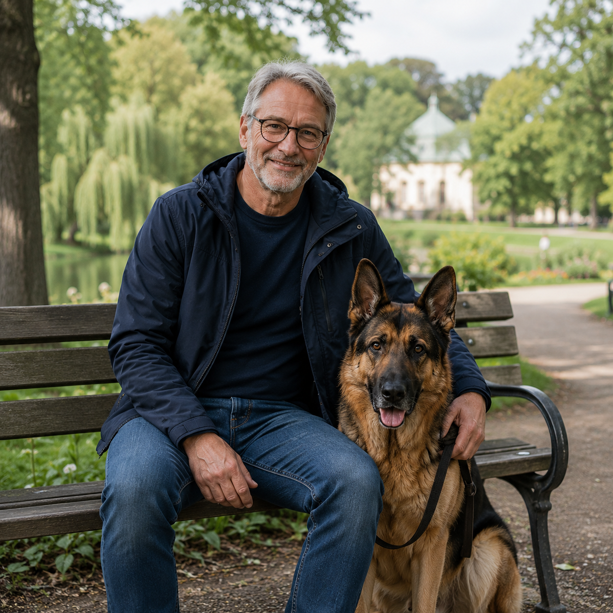 Älterer Hundehalter mit Schäferhund als Platzhalter für das Testimonial von Wolfgang