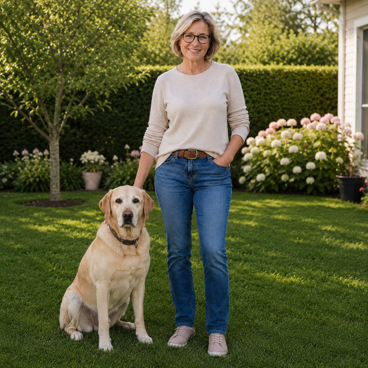 Ältere Hundehalterin mit Labrador als Platzhalter für das Testimonial von Renate